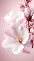 Naklejka premium A close-up of a pink flower on a branch with white and pink flowers in the foreground and a soft pink background