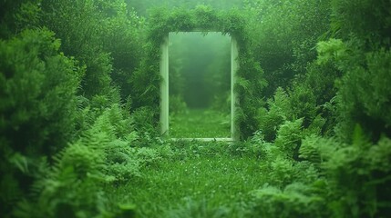   A door within a field of green grass, surrounded by trees and shrubs