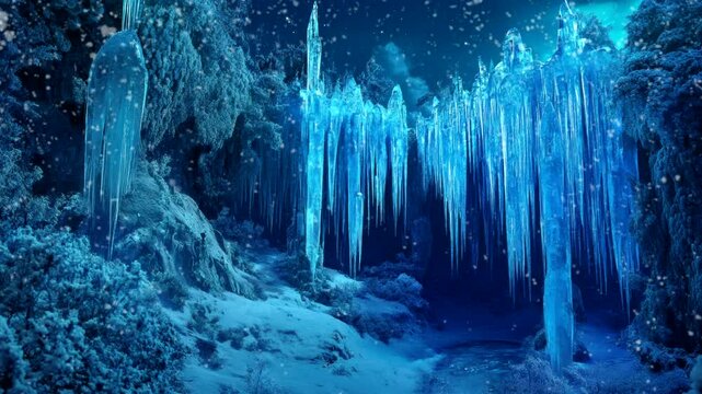 Frozen icicle cave at night with snowfall under blue lighting. Seamless looping 4k time-lapse video background
