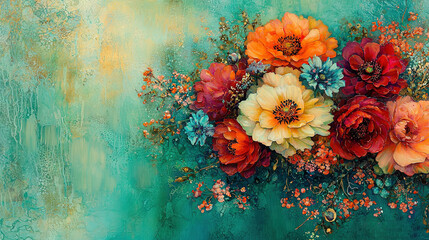   A painting of a vibrant bouquet of flowers set against a serene blue and green backdrop, featuring bold red, warm orange, and bright yellow hues