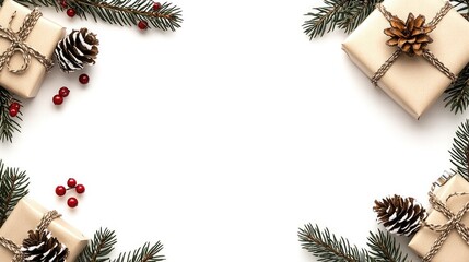 A blank white card sits surrounded by festive pine branches, colorful gift boxes, and pine cones, creating a perfect setting for holiday wishes and greetings