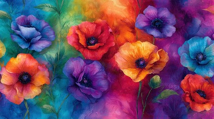   A colorful painting featuring various hues of green, red, orange, and blue flowers on a multicolored background