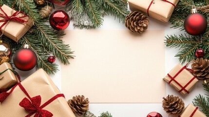 A blank white card sits surrounded by festive pine branches, colorful gift boxes, and pine cones, creating a perfect setting for holiday wishes and greetings