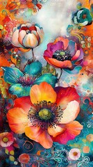   A painting of vibrant flowers on a multicolored background featuring swirls and bubbles