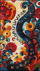   A close-up art piece, resembling a painting with various hues and patterns