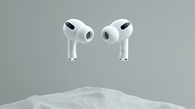 A pair of floating wireless earbuds captivates attention with their sleek, modern design, illuminated by soft studio lighting against a clean, minimalist background