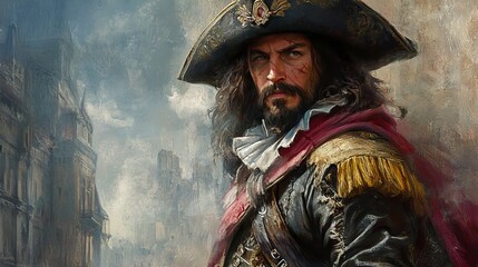 closeup portrait of a handsome, long-haired musketeer