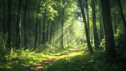 Obraz premium Sunbeams Through a Winding Forest Path