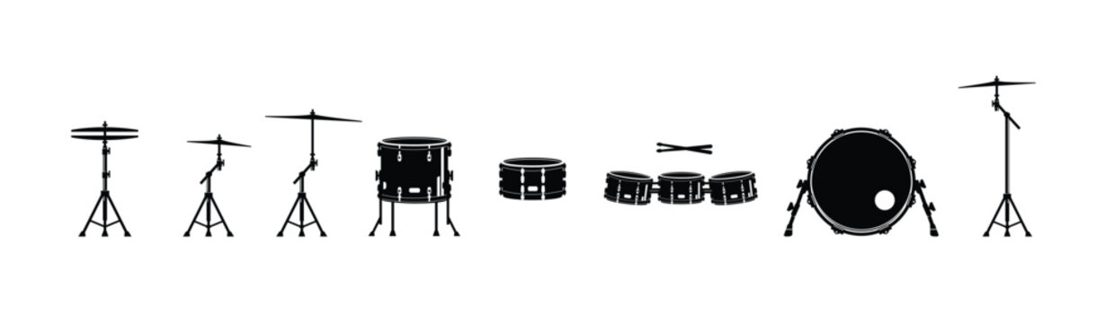 drum musical instrument logo illustration, drum set silhouette from kick to cmybals, suitable for music stores and communities