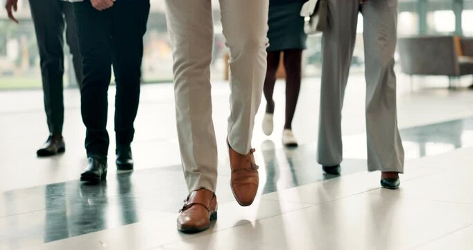 Feet, group and business people on office floor with walking, teamwork and together in lobby at company. Shoes, workforce and staff with legs in foyer for collaboration, career and steps with synergy