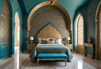 a blue and gold bedroom with a bed and a blue and gold headboard.