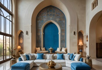 A bright living room adorned with blue and white furniture, offering a modern and comfortable space for relaxation.