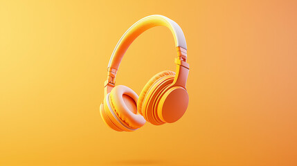 Bright yellow headphones levitating on a warm orange background, showcasing modern audio technology, music lifestyle, and vibrant design in a minimalistic and eye-catching composition.
