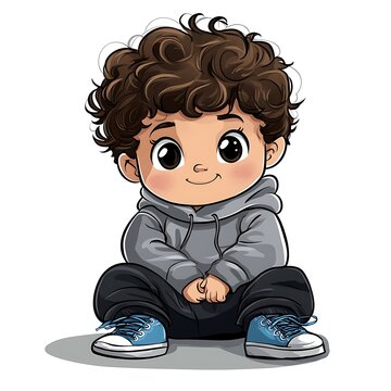 recommend clip art: Cartoon illustration of a cute little boy with curly hair sitting and smiling