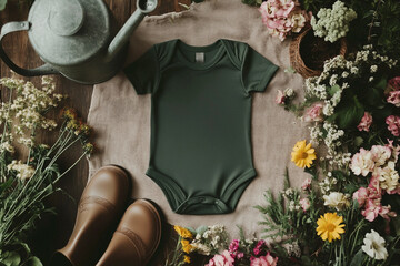 Flat lay of dark green baby onesie with gardening tools and flowers arranged around on a cloth and wood background with copy space, gardening theme baby announcement concept