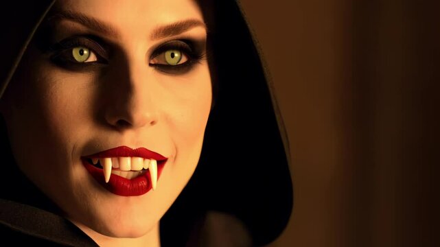 Close-up portrait seductive female Vampire glowing eyes fangs and red lips wearing dark hood robe, Halloween costume gothic fantasy