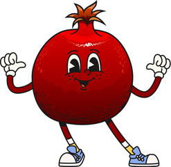 Cartoon groovy pomegranate fruit character with a happy face expression. Isolated vector retro tropical fruit personage has a bright red round body, expressive eyes, and wide smile, showing on itself