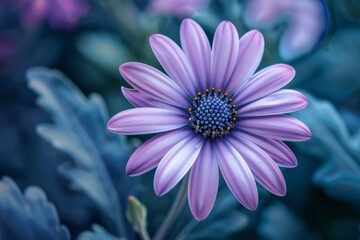 Single purple daisy flower blooming in the garden with a blurred background