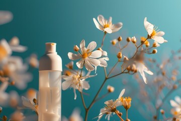 Cosmetic bottle standing next to beautiful white flowers on blue background for branding mockup