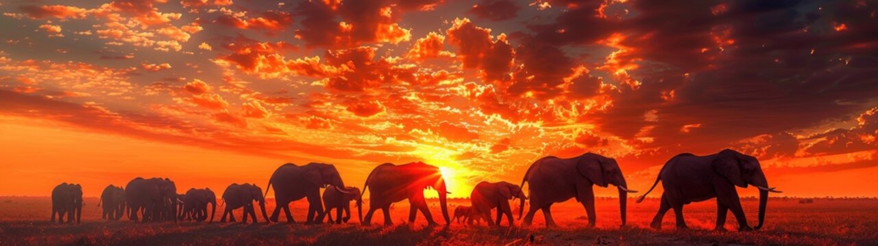 A herd of elephants silhouettes against a stunning sunset sky with vibrant hues in a serene landscape.