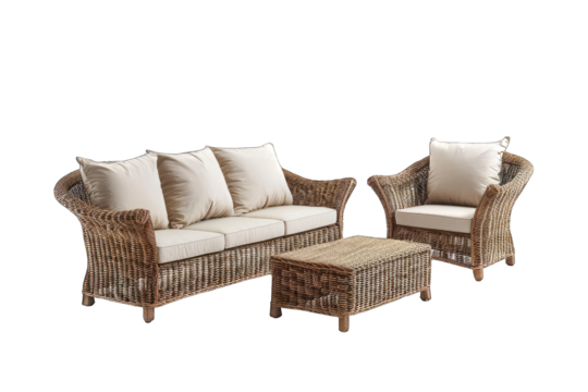Elegant wicker permeable outdoor sofa furniture isolated on white PNG background