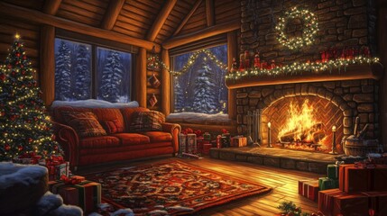 Fototapeta premium Cozy Log Cabin Christmas Scene with Fire, Gifts, and Christmas Tree