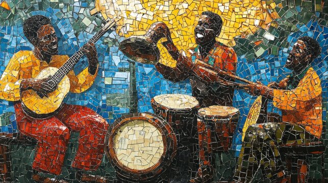 Mosaic Artwork Depicting Three Musicians Playing Instruments