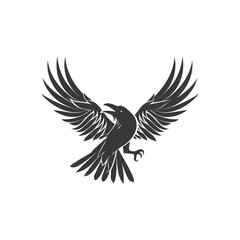 Fototapeta premium Black and White Silhouette of a Flying Raven with Spread Wings