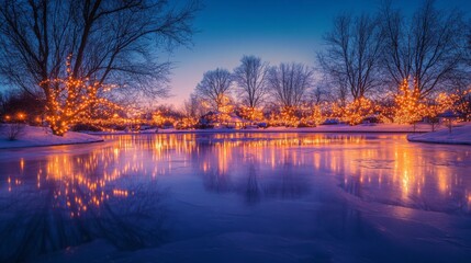 Frozen Lake with Twinkling Lights Reflected on the Ice