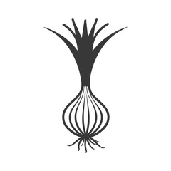 Black and White Silhouette of an Onion with Roots and Green Shoots