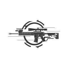 Naklejka premium Black and White Silhouette of a Rifle with Scope in a Circular Target Design
