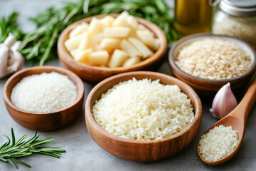 Ingredients for making risotto with Arborio rice. 