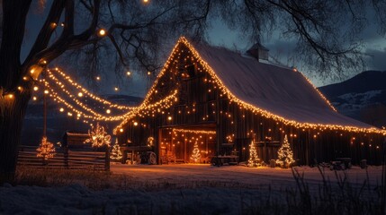 A Festive Barn Adorned with Twinkling Lights on a Snowy Night