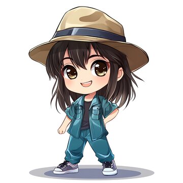 recommend clip art: Cute chibi girl cartoon character with brown hair wearing a hat and blue jumpsuit