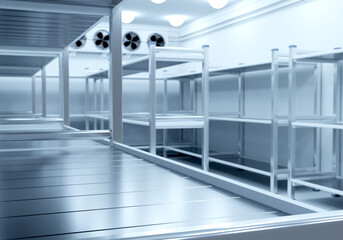 Refrigeration chamber for food storage. Metal shelves in the warehouse. 3d image