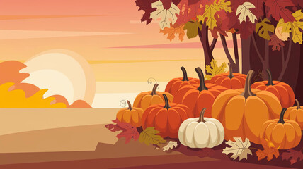 Halloween Pumpkin Patch Illustration with Autumn Leaves and Warm Sunset Sky Background Image