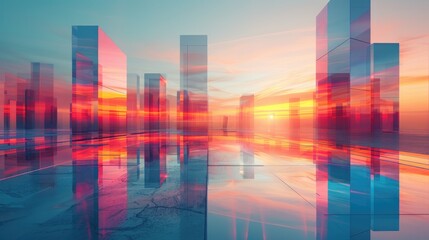 Abstract cityscape with reflective glass towers at sunset, creating a vibrant and colorful mirrored skyline, evoking futuristic urban design.