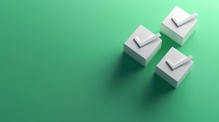 Three white checkmark cubes on green background, minimalist concept