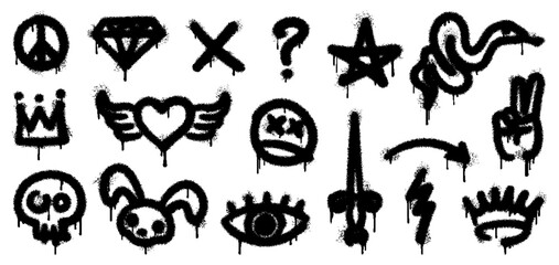 Fototapeta premium Grunge graffiti spray paint, street ink art. Vector set of black peace sign, diamond, crown, skull and dagger, eye, rabbit, lightning bolt and arrow. Grungy, urban arts with dripping paint effects