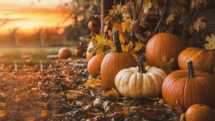 Halloween Pumpkin Patch Illustration with Autumn Leaves and Warm Sunset Sky Background Image