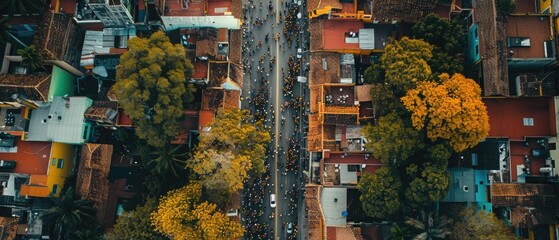 Fototapeta premium Aerial view of a bustling urban street lined with vibrant buildings and trees in autumn colors under a clear sky.