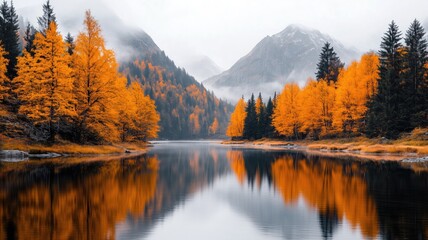 Obraz premium Autumn landscape with vibrant orange trees reflecting on a calm lake surrounded by misty mountains in a serene atmosphere showcasing tranquil fall colors suitable for nature-themed designs