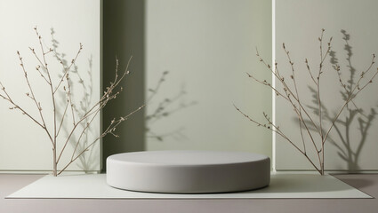 Minimalist Modern Interior with Large Light Gray Ottoman, Symmetrical Slender Branches with White Flowers, Soft Lighting, Clean and Elegant Design, Generative Ai