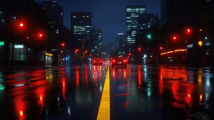 Fototapeta premium Nighttime urban scene featuring illuminated traffic lights, rain-soaked streets, and modern buildings reflecting vibrant colors for mood and atmosphere