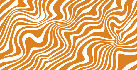 Fototapeta premium Swirl caramel pattern, seamless wavy peanut background with wavy lines in orange and white. Vector sweet candy abstract psychedelic texture, distorted ornament with flowing peanut butter wave effect