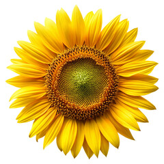 Fototapeta premium Ripe sunflower with yellow petals top view Isolated On Transparent Background