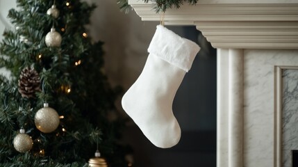 White Christmas Stocking Hanging From Fireplace Mantel
