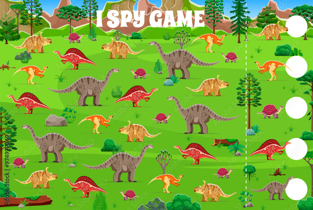 Poster i spy game worksheet with cartoon prehistoric dinosaurs characters in lush, green landscape with tre