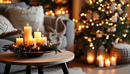 Enchanting cozy living room adorned with candles and twinkling Christmas lights for a festive holiday ambiance