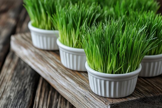 Easter green wheat grass available in various sizes, novruz celebration representing nature&rsquo;s renewal, vibrant green shoots presented in white bowls on a weathered wooden table, semeni in azerbaijan